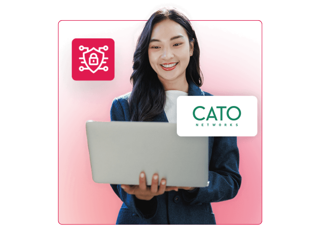 Smiling professional with laptop and Cato Networks shield - AI-driven SASE security