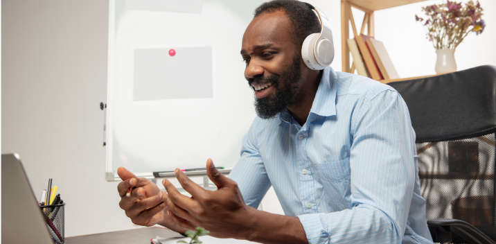 African American man speaking on a Microsoft teams conference call
