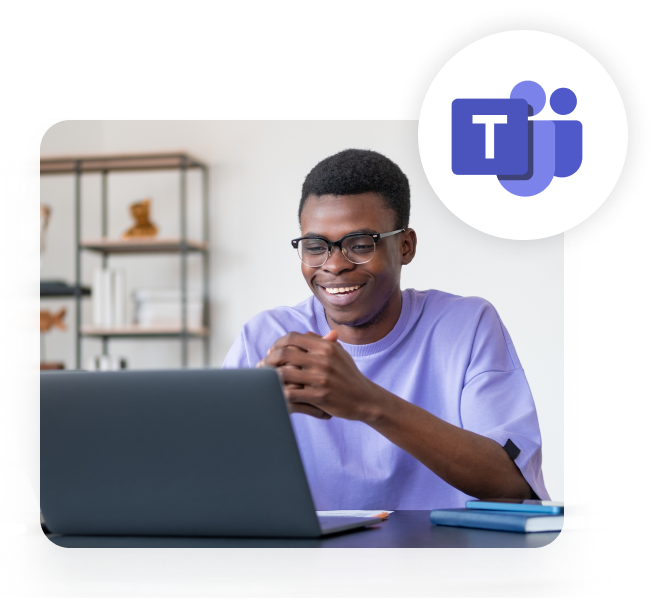 African American man using Microsoft Teams and wearing a purple shirt